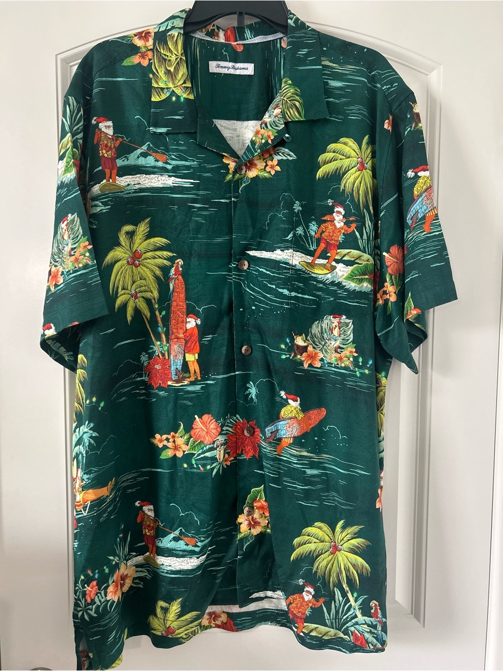 Tommy Bahama Silk Shirt XL Hawaiian Aloha Surfing Santa Claus Christmas Holiday